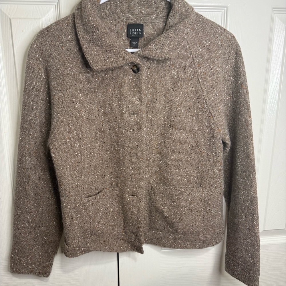 Eileen Fisher Petite Wool Angora Knit Jacket Cardigan PS Brown Textured Cozy
